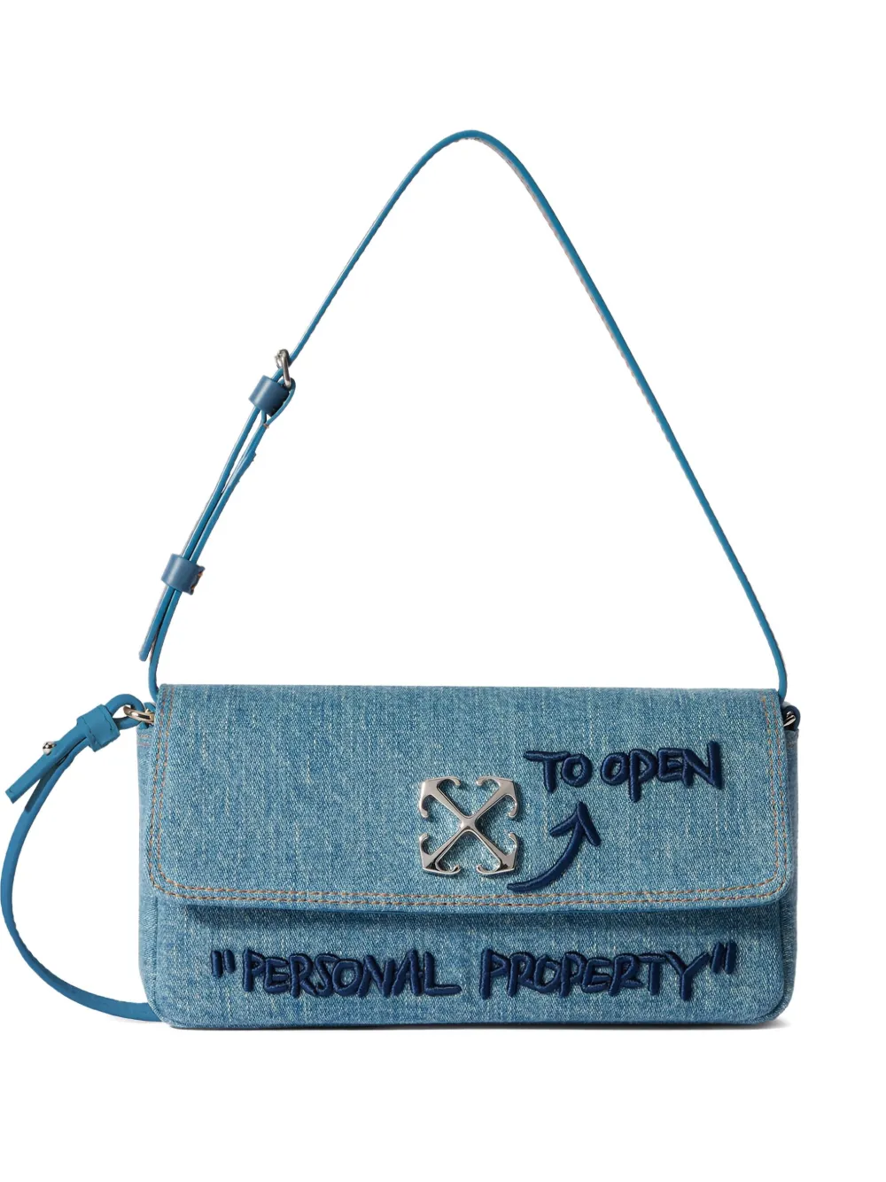 Off-white Jitney 0.7 Denim Arrow Bag In Blue