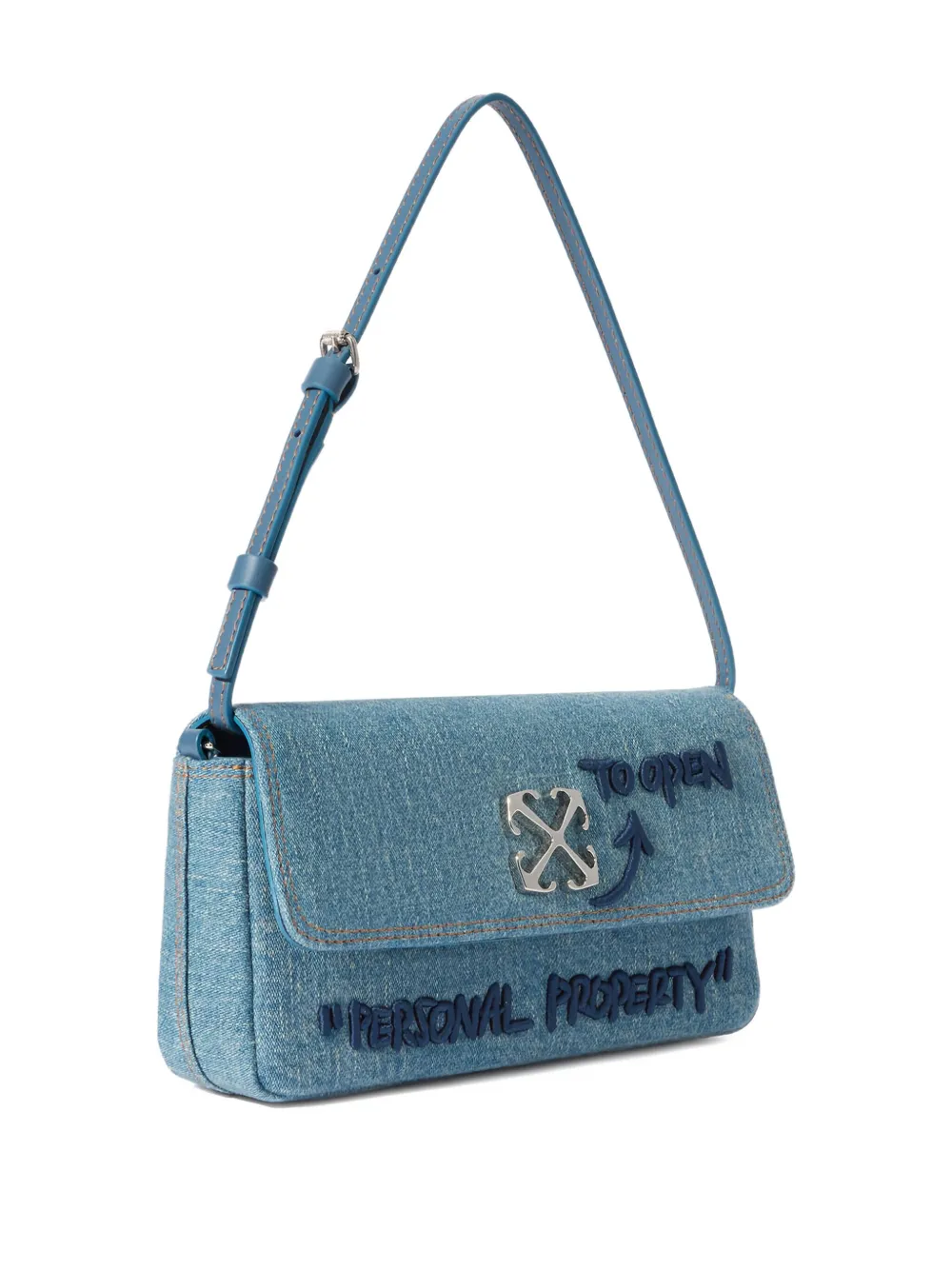 Off-white Jitney 0.7 Denim Arrow Bag In Blue