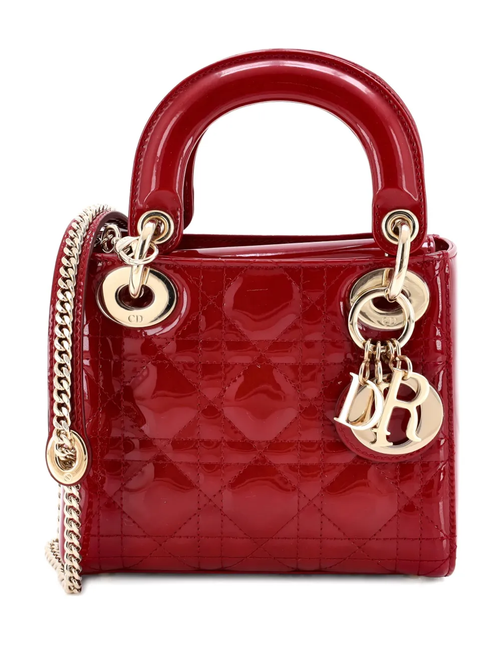 Pre-owned Dior Lady Chain Bag Cannage Quilt Patent Mini Satchel In Red