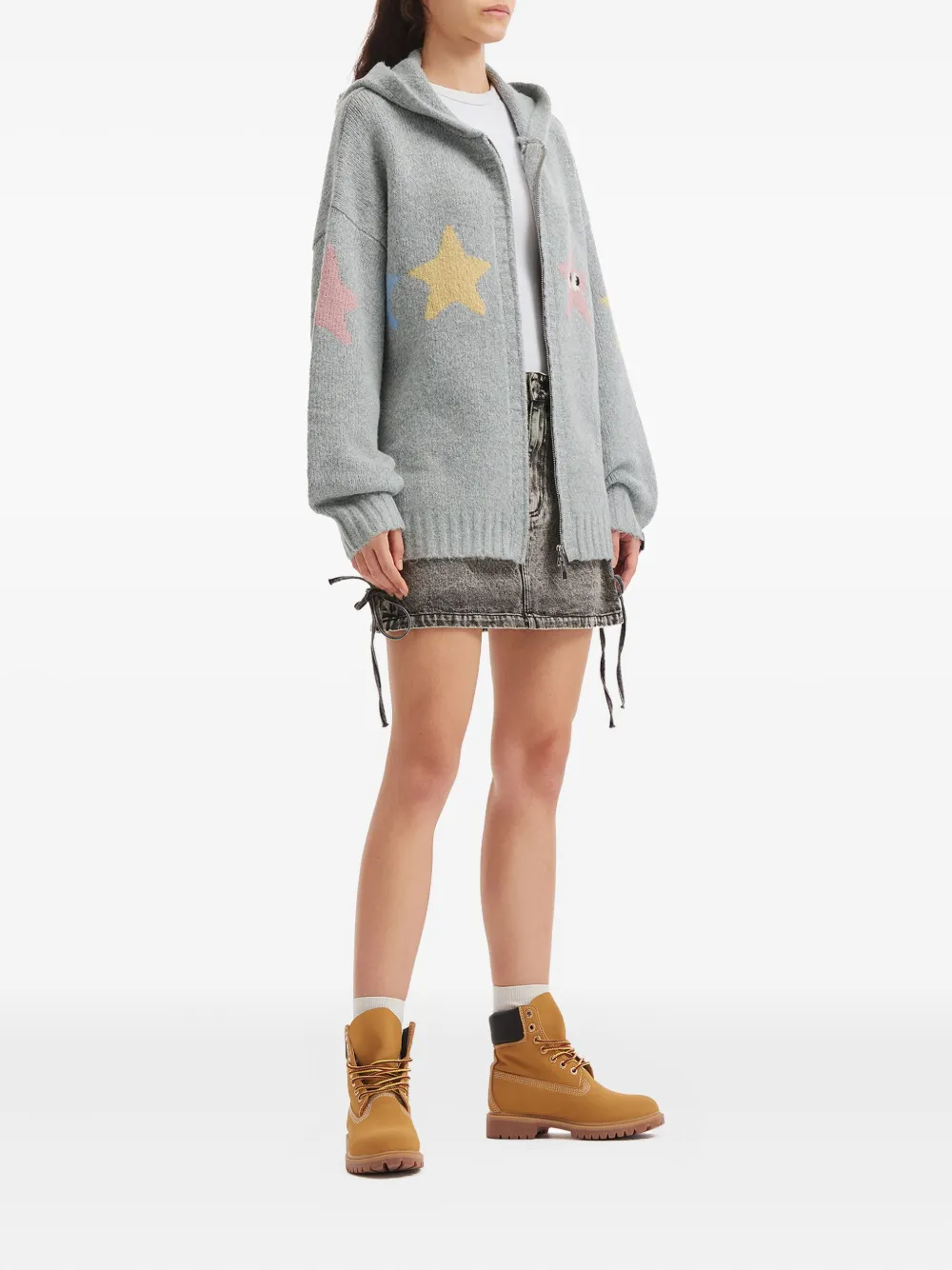 Mini Cream Star Hooded Cardigan In Gray