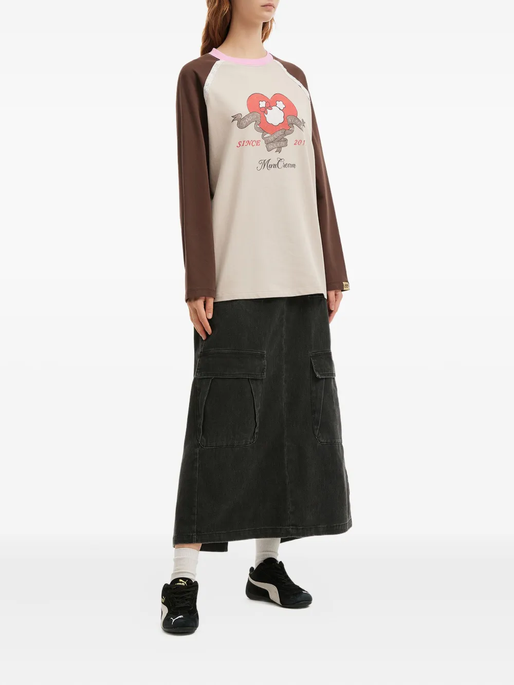 Mini Cream Long-sleeve Graphic-design T-shirt In Neutral