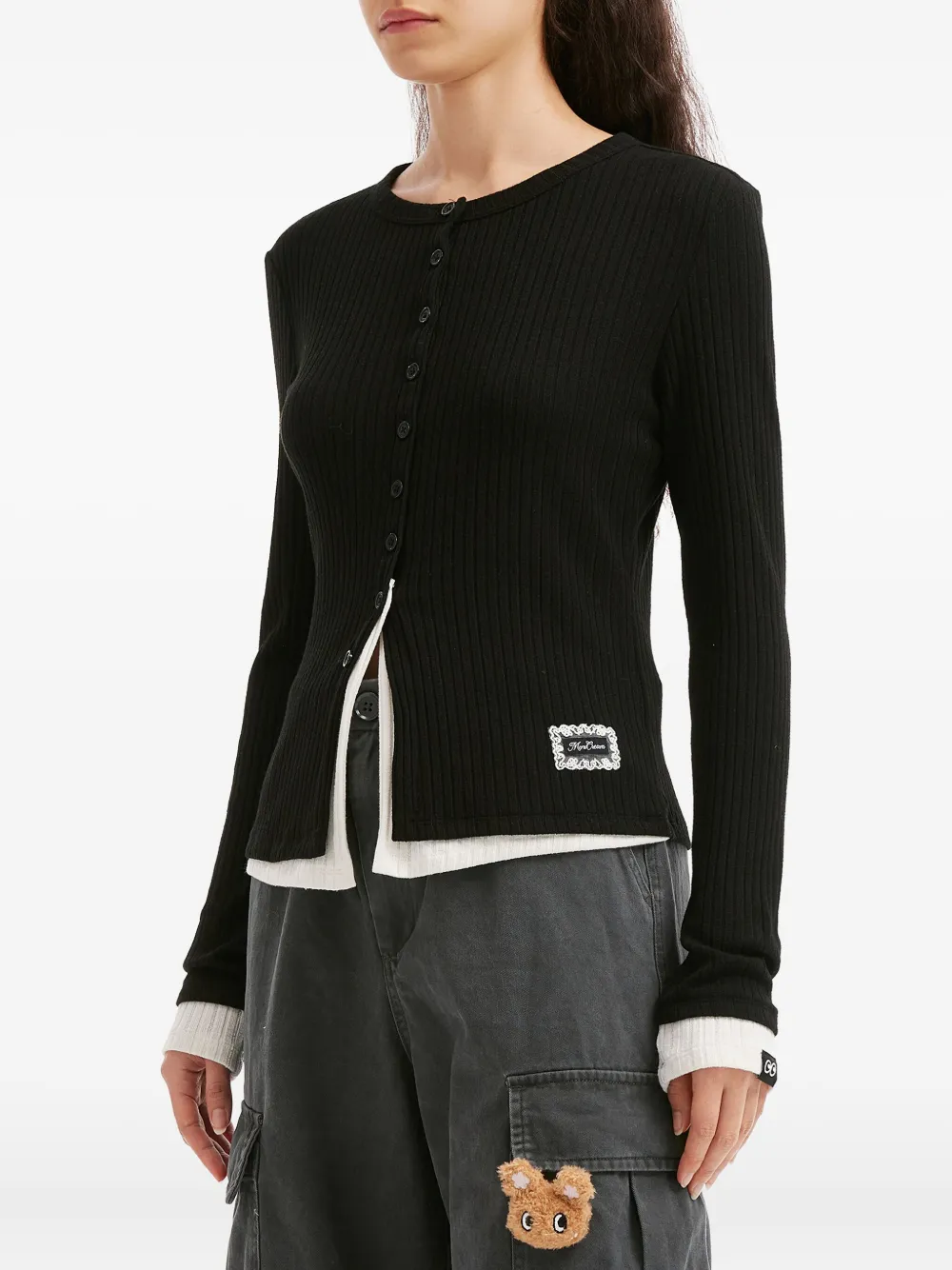 Mini Cream Button Ribbed Cardigan In Black