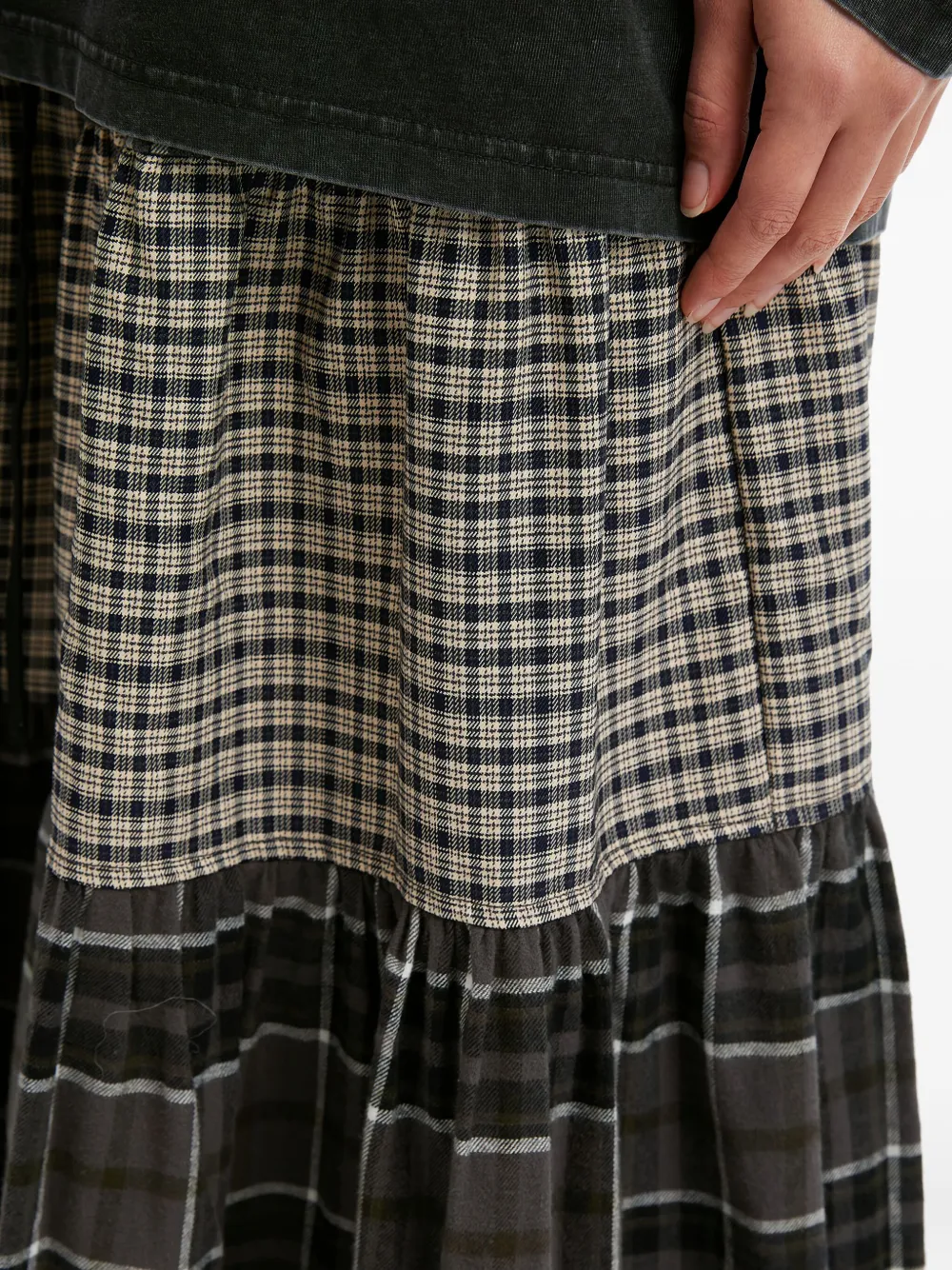 Mini Cream Tiered Check Midi Skirt In Multi