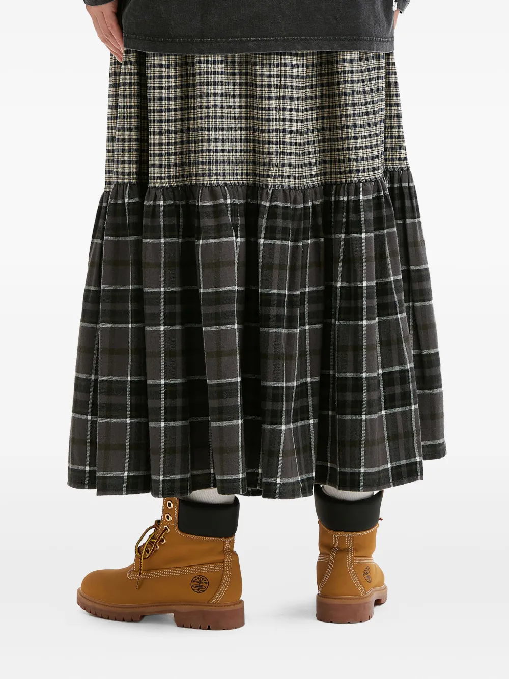 Mini Cream Tiered Check Midi Skirt In Multi