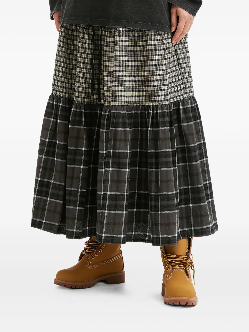 Mini Cream Tiered Check Midi Skirt In Multi