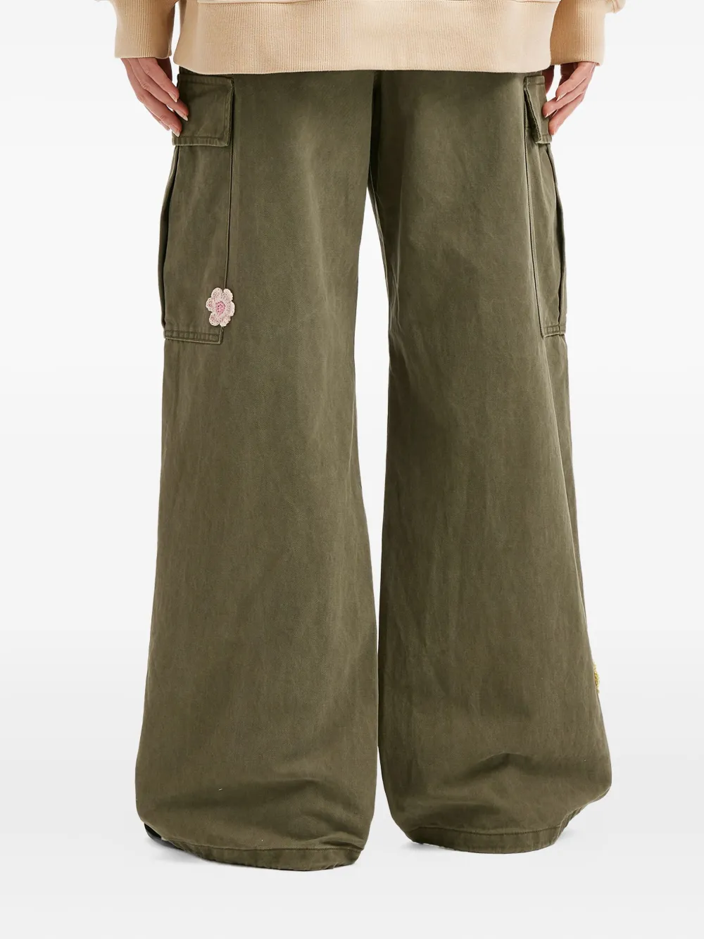 Mini Cream Flower-appliqué Cargo Trousers In Green