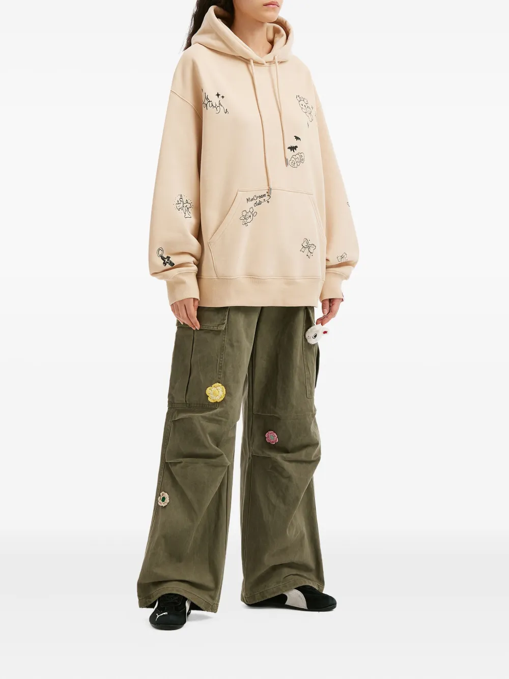 Mini Cream flower-appliqué cargo trousers - Groen