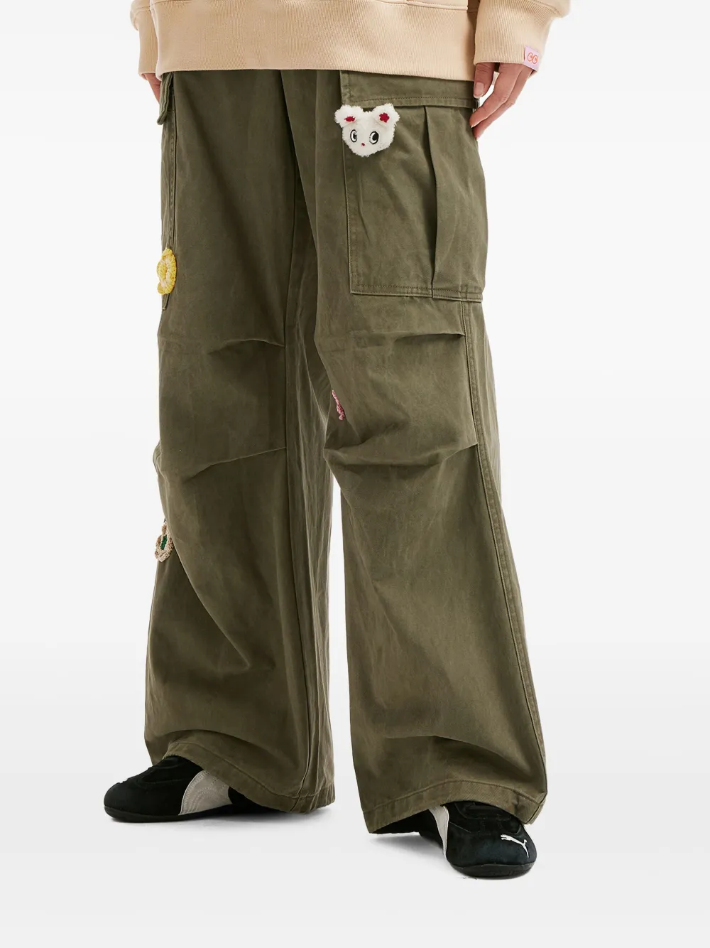 Mini Cream Flower-appliqué Cargo Trousers In Green