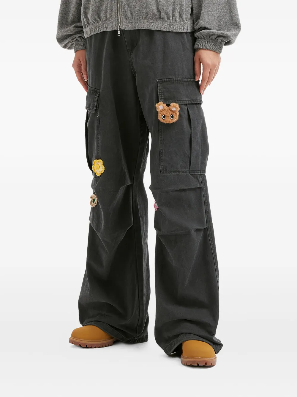 Mini Cream Flower-appliqué Cargo Trousers In Black