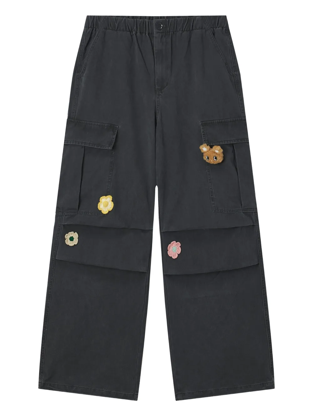 Mini Cream Flower-appliqué Cargo Trousers In Black