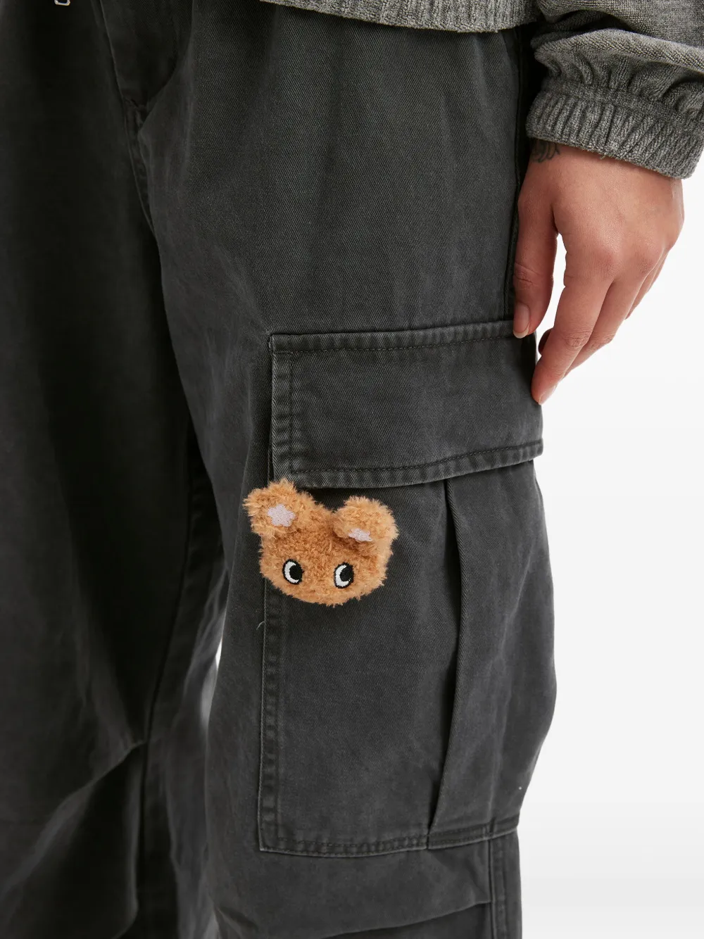 Mini Cream Flower-appliqué Cargo Trousers In Black