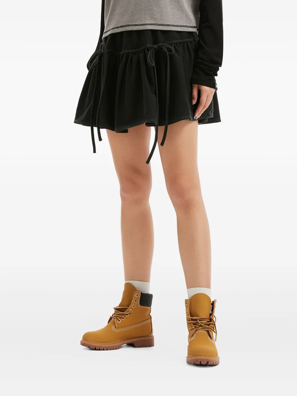 Mini Cream Tiered Tie Mini Skirt In Black