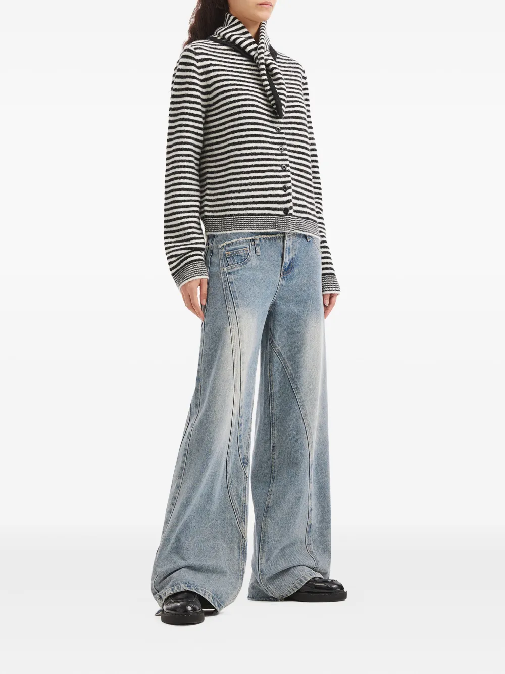 Tout A Coup Striped Buttoned Cardigan In Gray