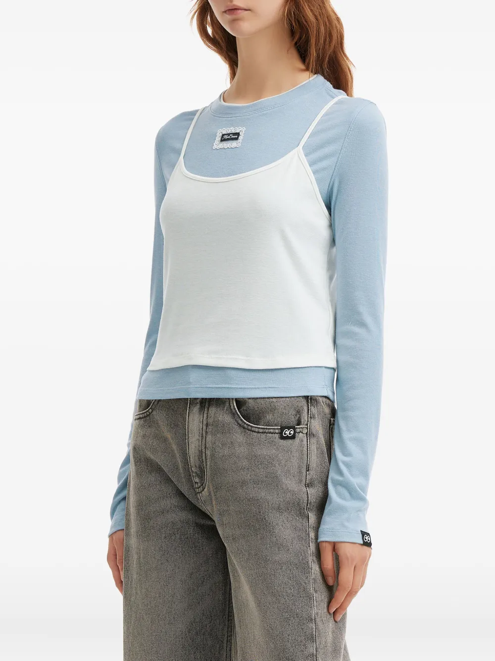 Mini Cream Lace-trim Long-sleeve T-shirt In Blue