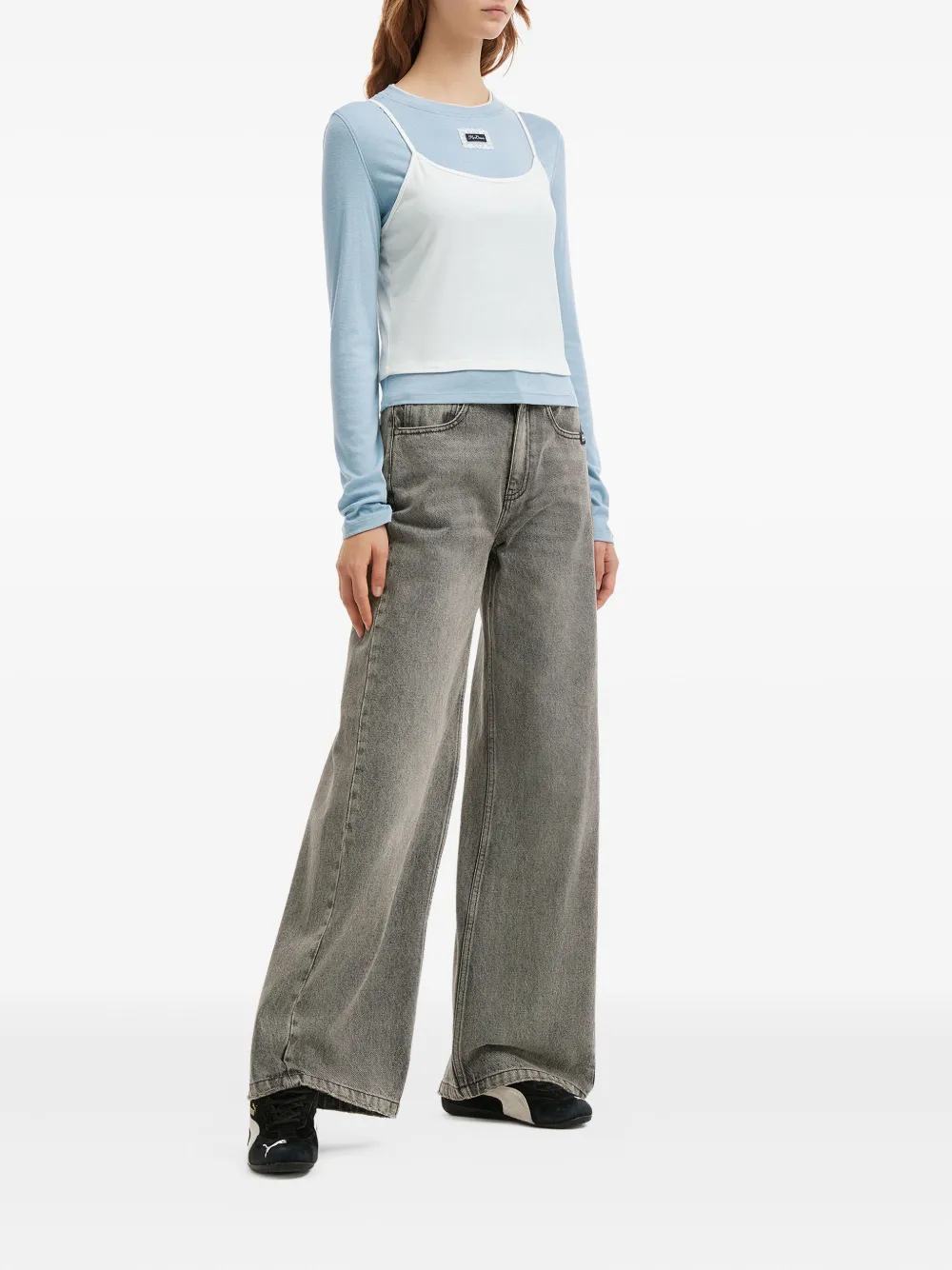 Mini Cream Lace-trim Long-sleeve T-shirt In Blue