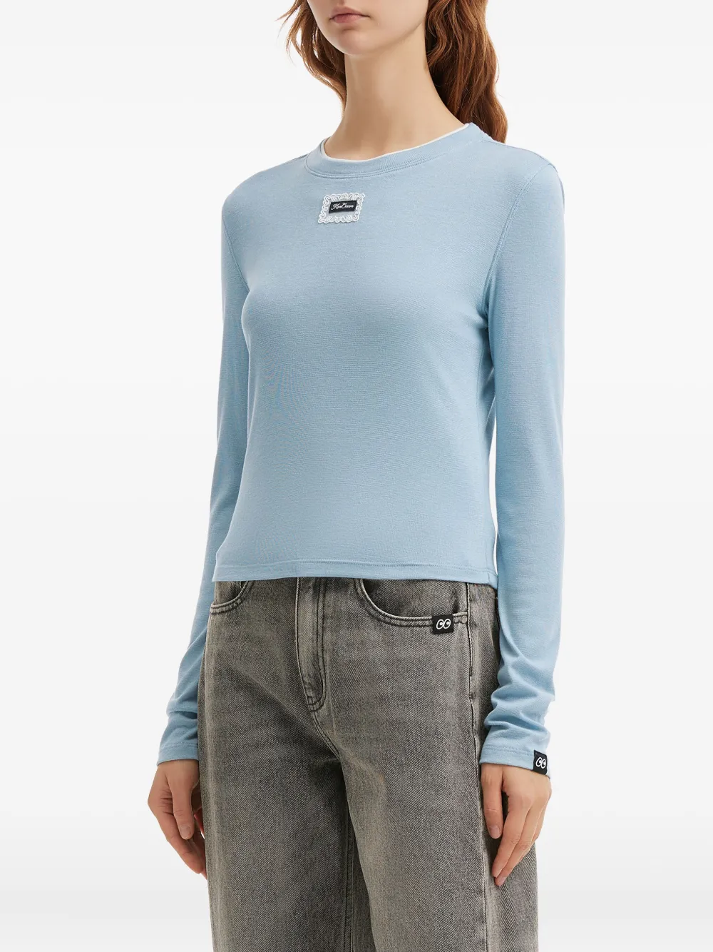 Mini Cream Lace-trim Long-sleeve T-shirt In Blue