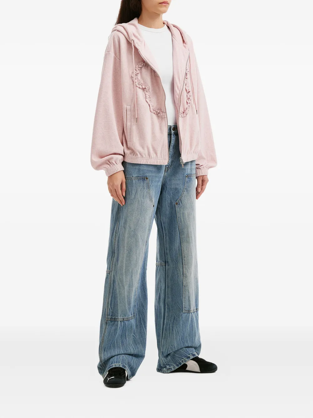 Mini Cream ruffled-detail zip-fastening hoodie - Roze