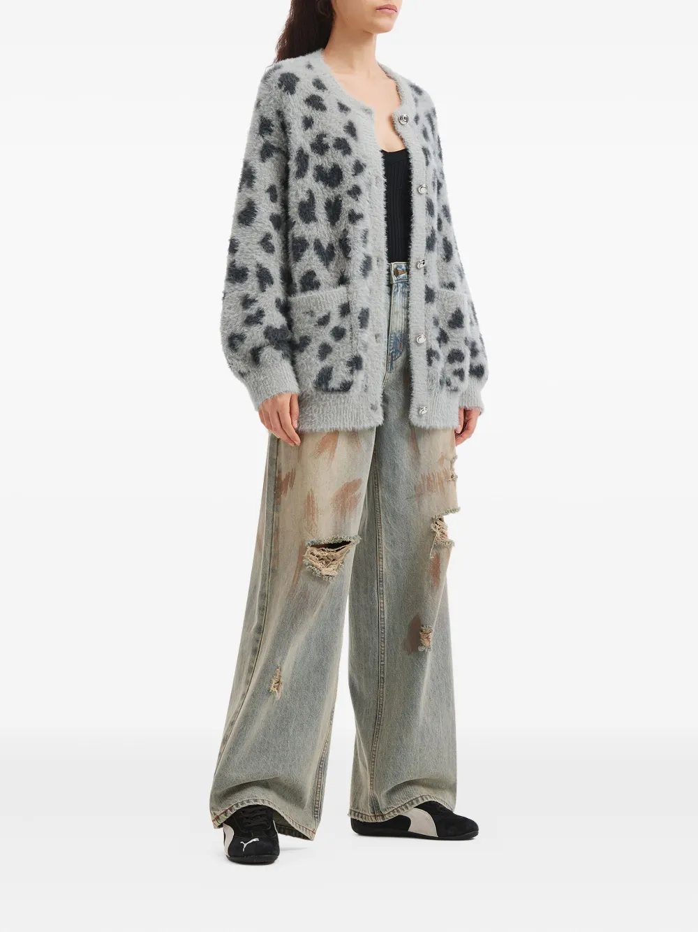 Tout A Coup Animal-pattern Pocket Cardigan In Gray