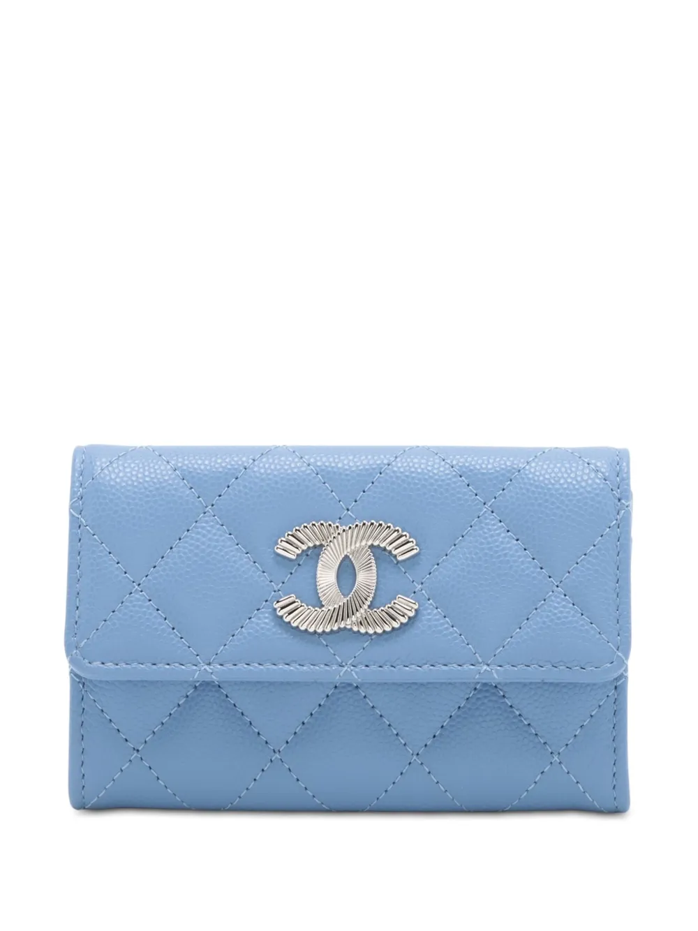Pre-owned Chanel 2021-2025 Cc Quilted Caviar Flap Card Holder In Blue