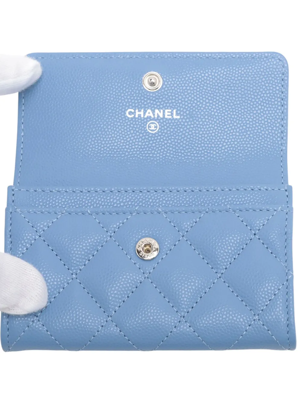 Pre-owned Chanel 2021-2025 Cc Quilted Caviar Flap Card Holder In Blue