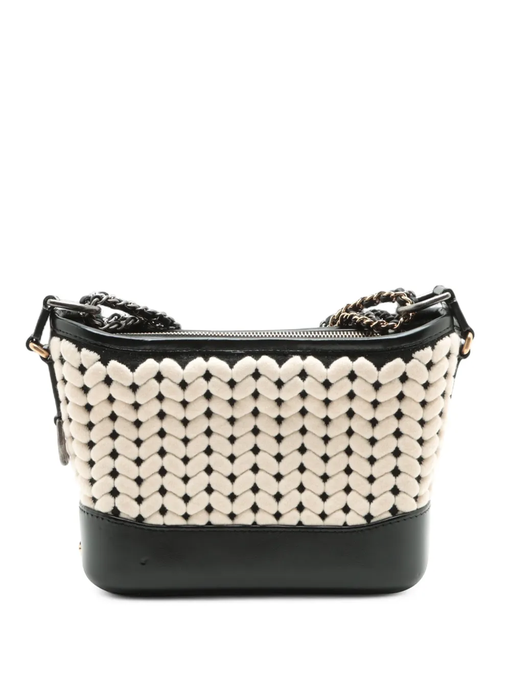 Pre-owned Chanel 2019 Small Knit And Calfskin Gabrielle Hobo Crossbody Bag In Black