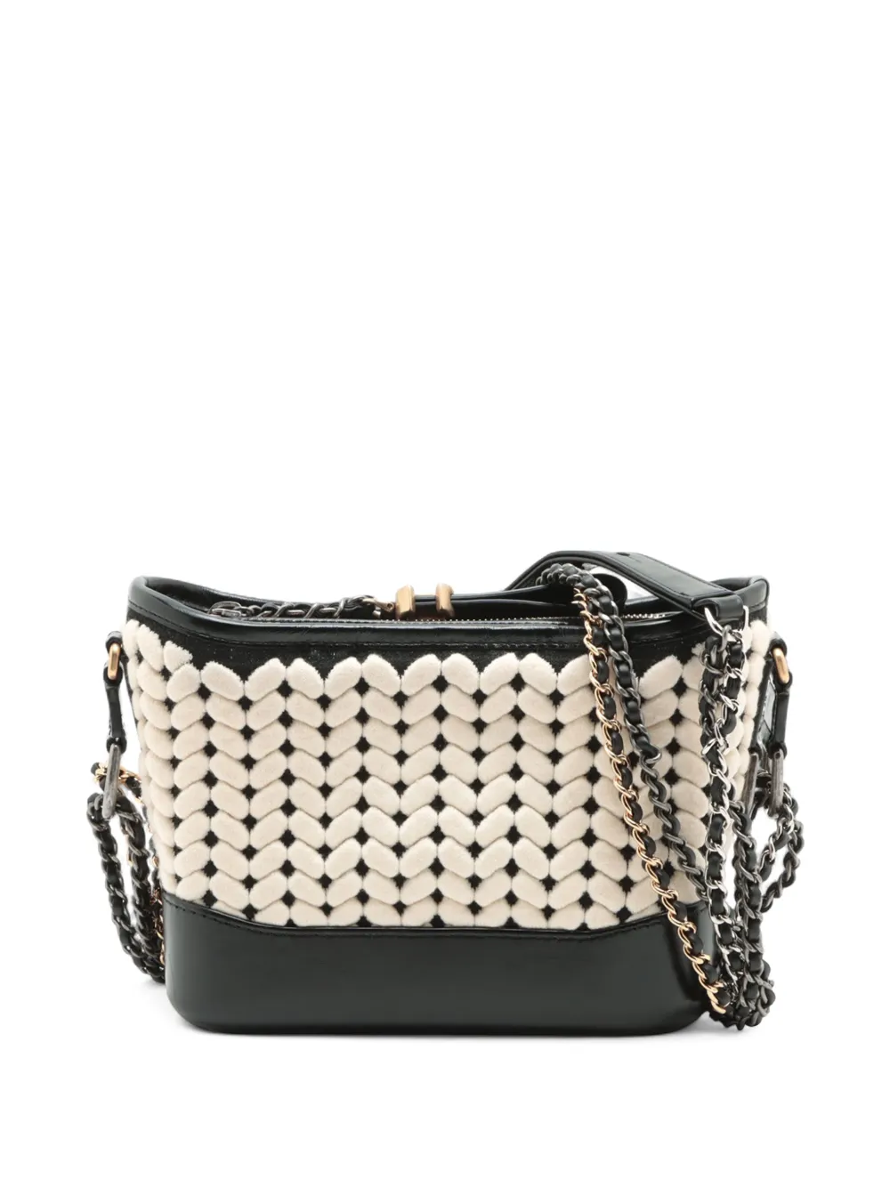Pre-owned Chanel 2019 Small Knit And Calfskin Gabrielle Hobo Crossbody Bag In Black