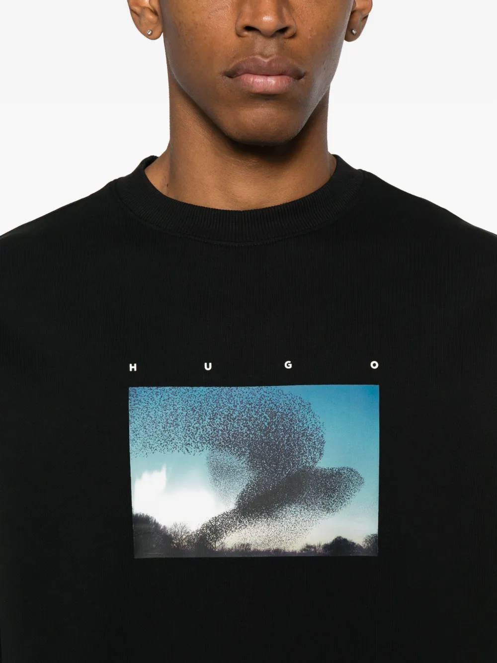HUGO Sweater met ronde hals en grafische print Zwart