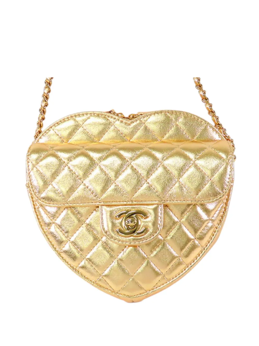 Pre-owned Chanel 2021-2025 Metallic Quilted Lambskin Cc In Love Heart Crossbody Bag In Gold