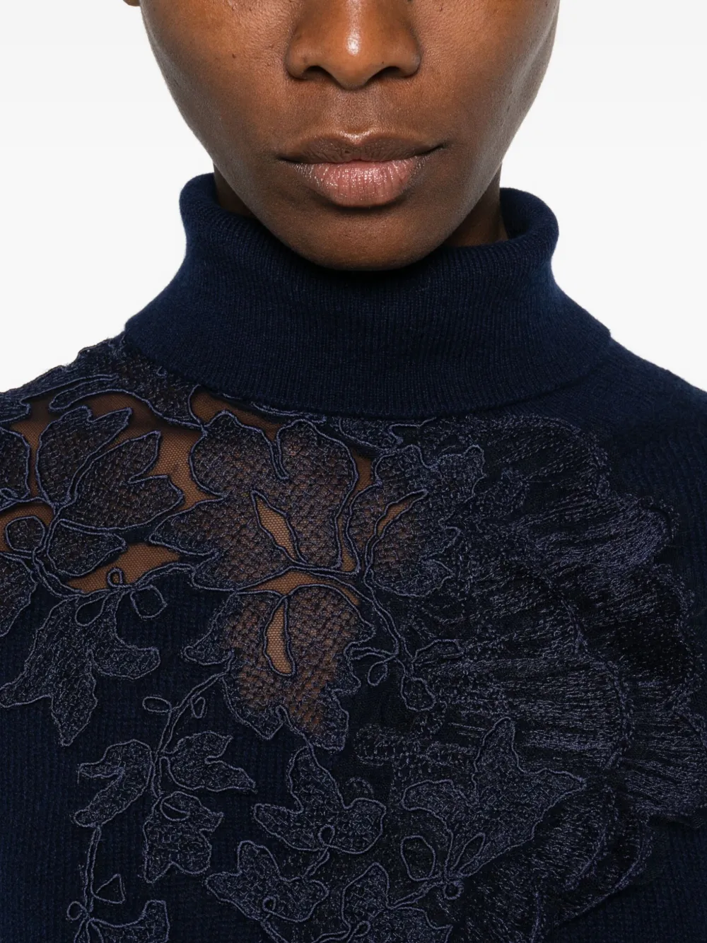Ermanno Scervino High Neck Floral Lace Knitwear In Blue
