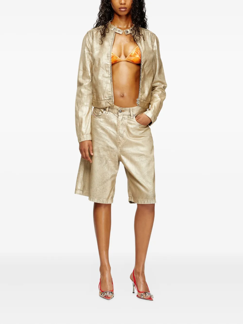 Diesel X Karol G De-sire Metallic-effect Denim Shorts In Gold