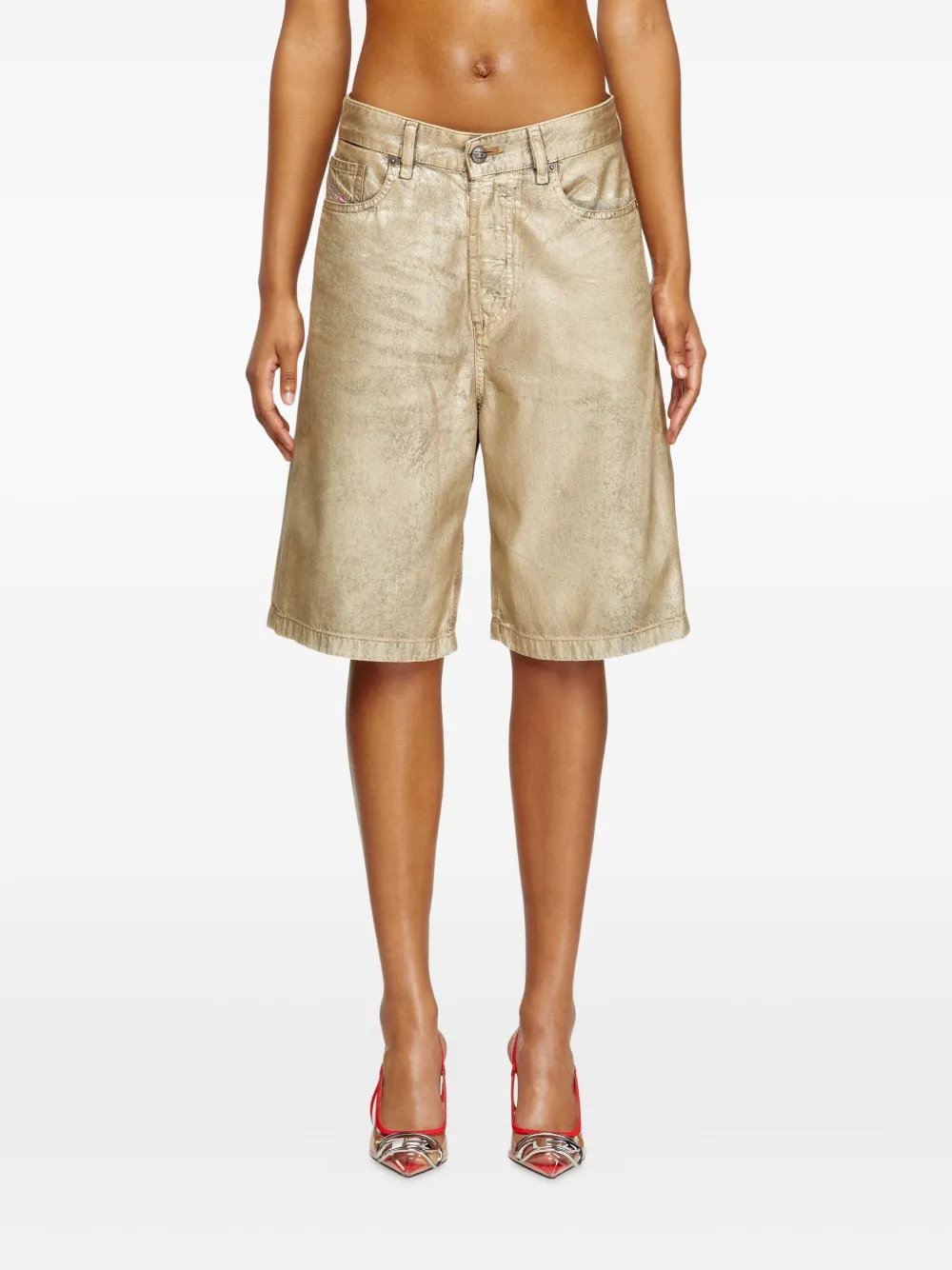 Diesel X Karol G De-sire Metallic-effect Denim Shorts In Gold
