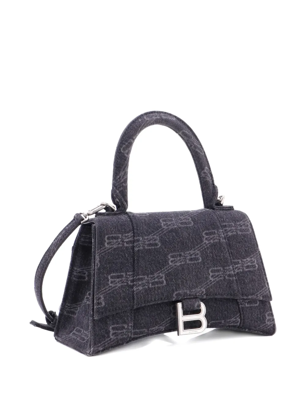 Pre-owned Balenciaga Hourglass Top Handle Bag Bb Monogram Denim Small Satchel In Gray