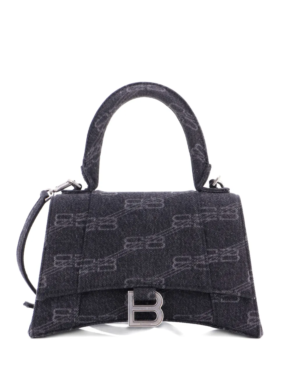 Pre-owned Balenciaga Hourglass Top Handle Bag Bb Monogram Denim Small Satchel In Gray