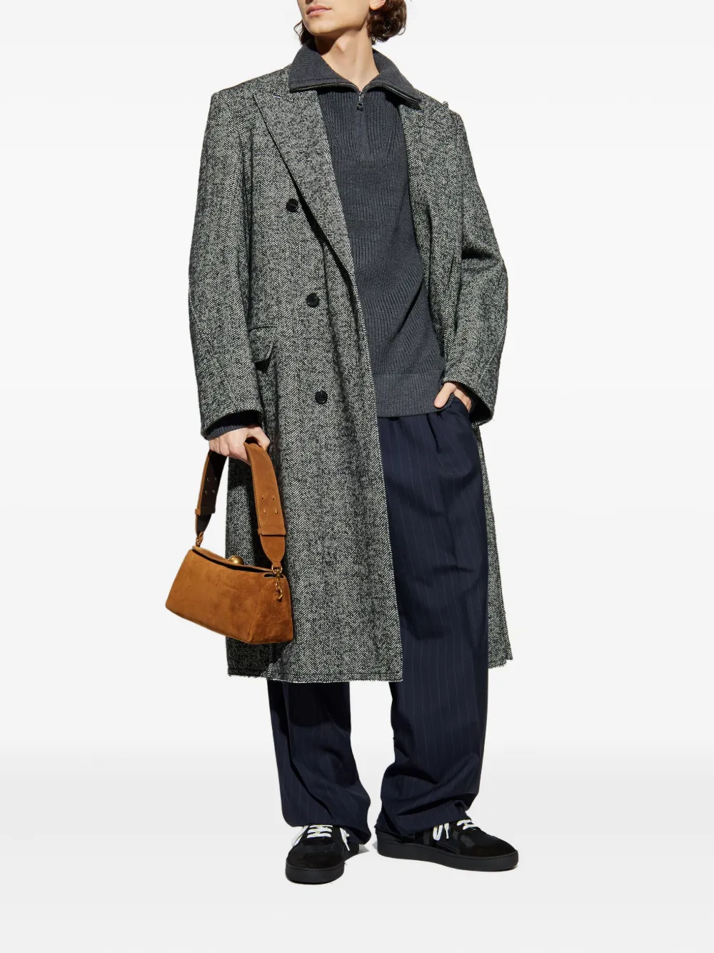 Lanvin Herringbone Double-breasted Coat In Gray