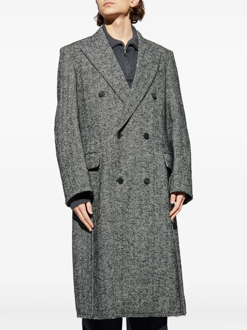 Lanvin Herringbone Double-breasted Coat In Gray