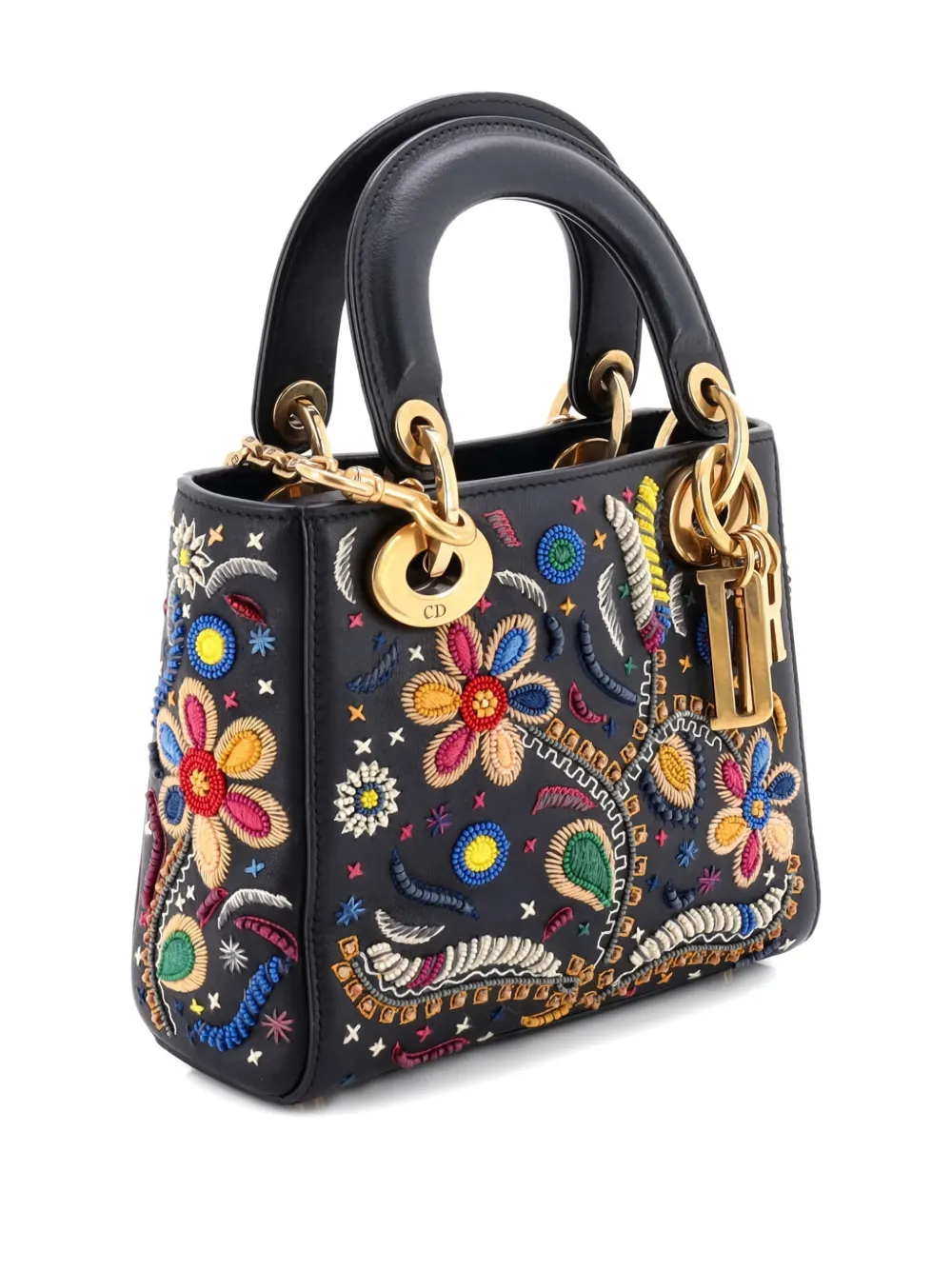 Pre-owned Dior Lady  Chain Bag Embroidered Calfskin Mini Satchel In Black