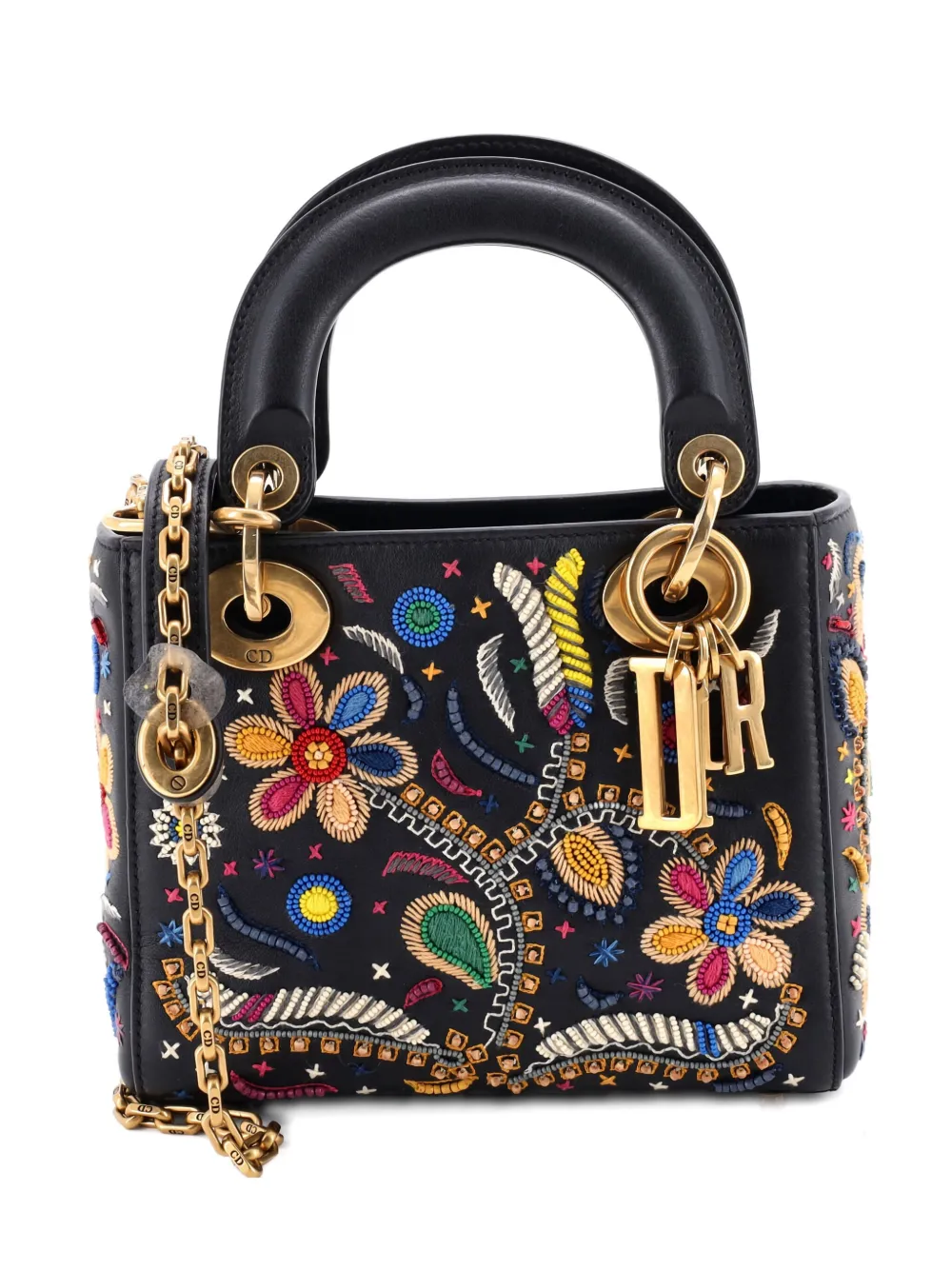 Pre-owned Dior Lady  Chain Bag Embroidered Calfskin Mini Satchel In Black