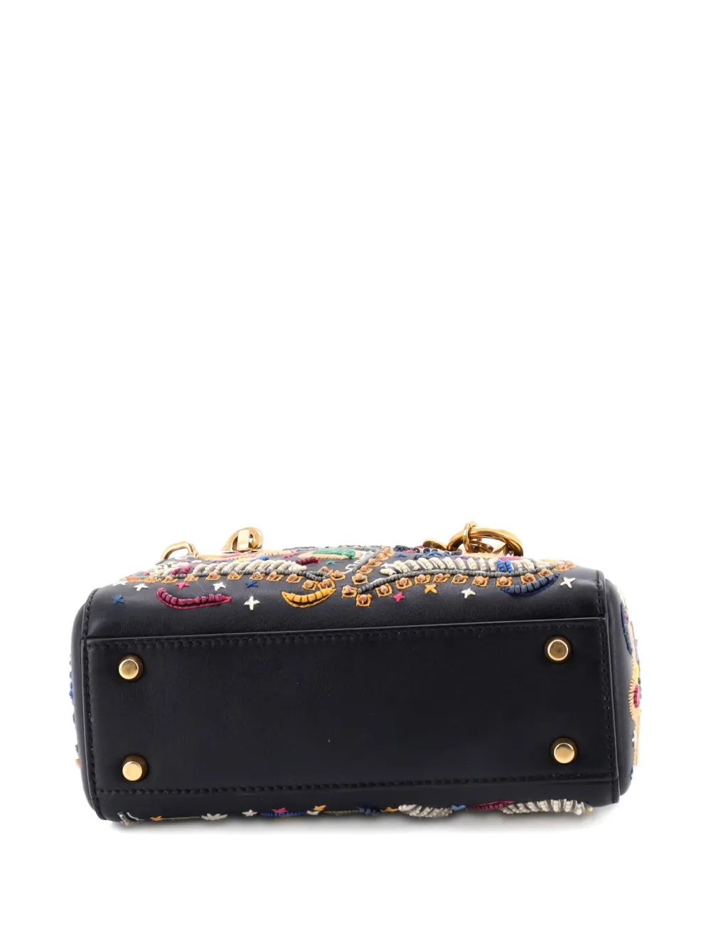 Pre-owned Dior Lady  Chain Bag Embroidered Calfskin Mini Satchel In Black