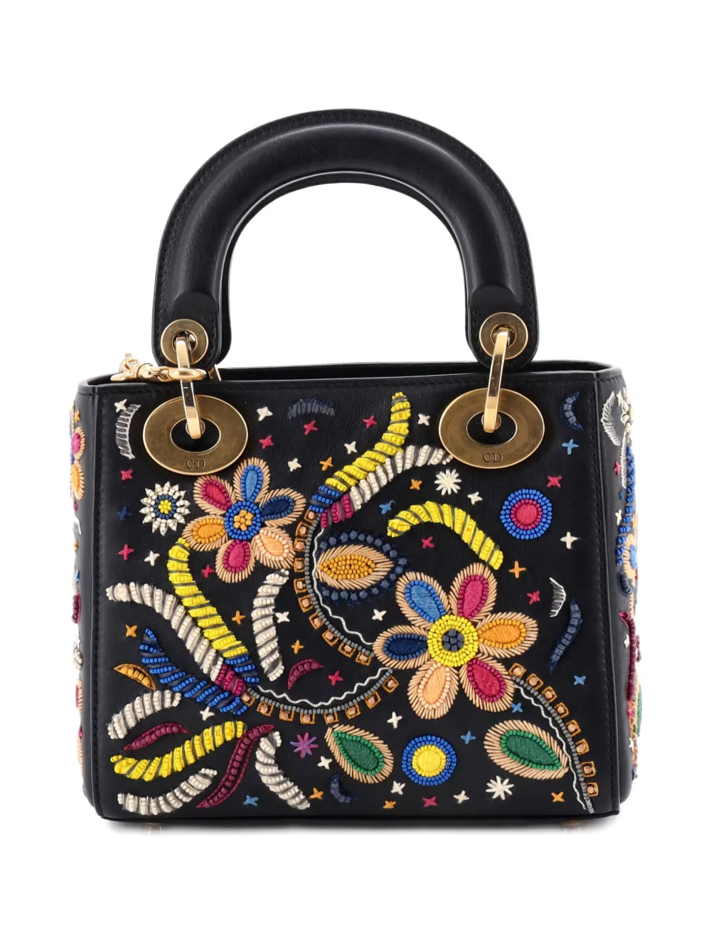 Pre-owned Dior Lady  Chain Bag Embroidered Calfskin Mini Satchel In Black
