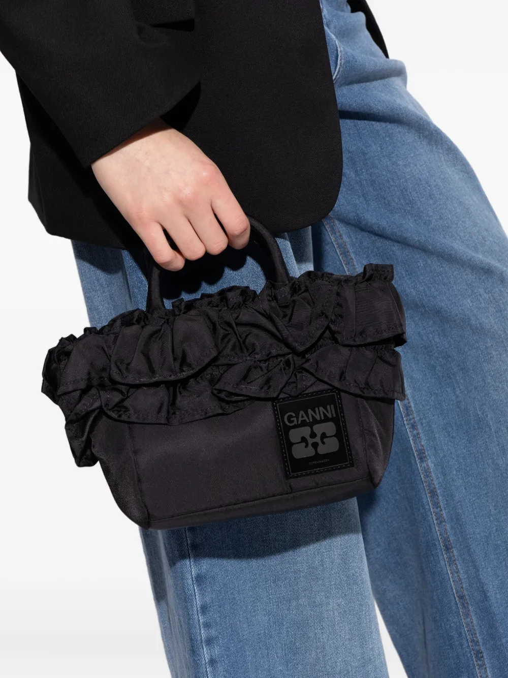 GANNI ruffle-detail tote bag - Zwart