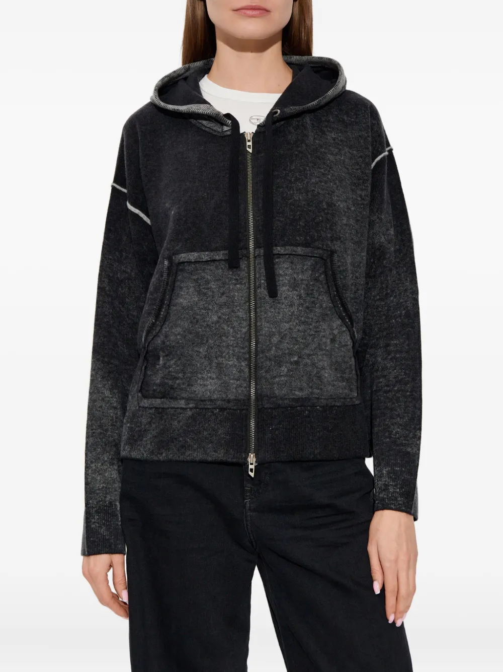 Diesel Reverse-print Hooded Cardigan In Wool In Black