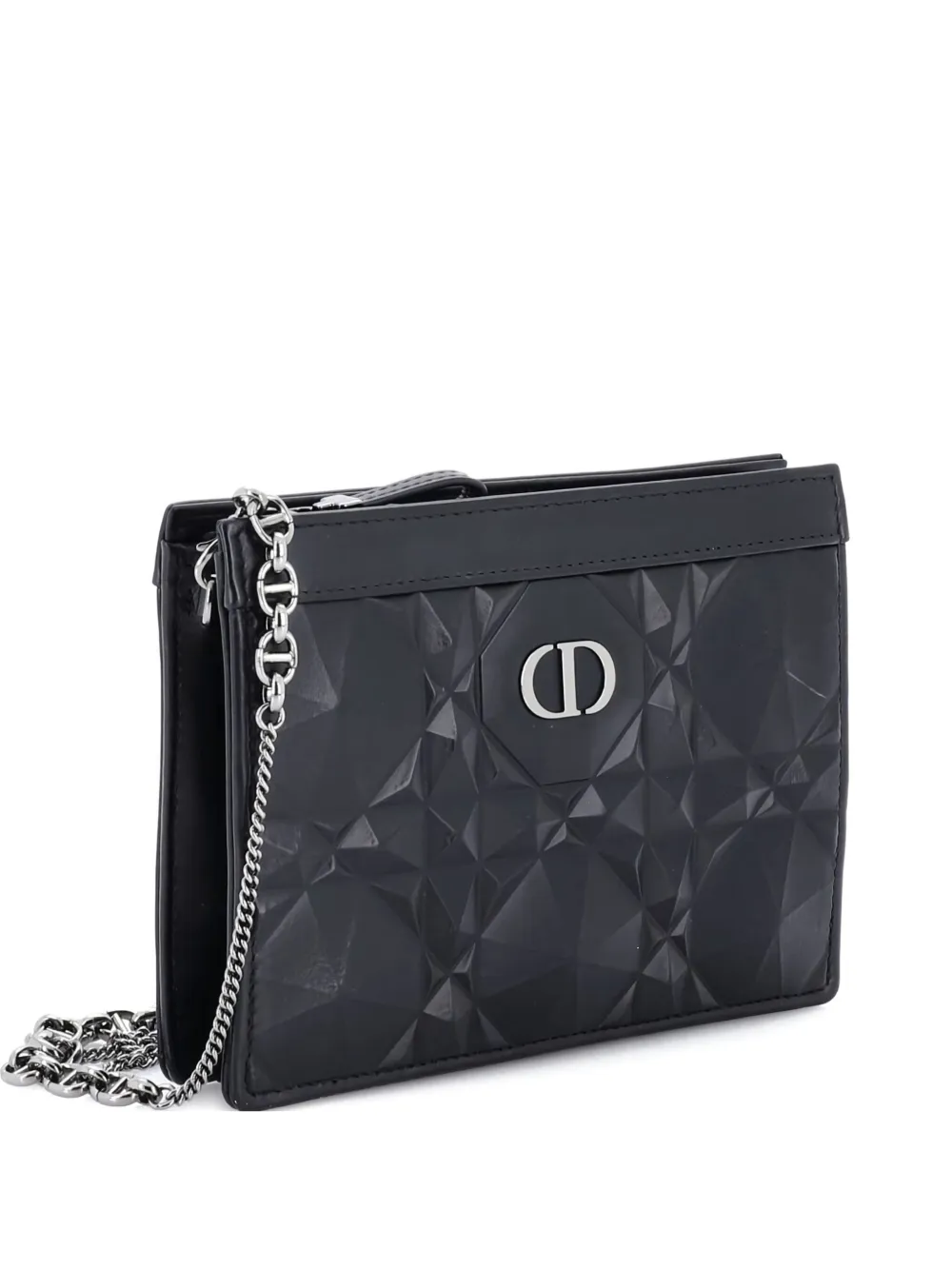 Pre-owned Dior Caro Zipped Pouch With Chain Diamond Motif Cannage Calfskin Crossbody Bag