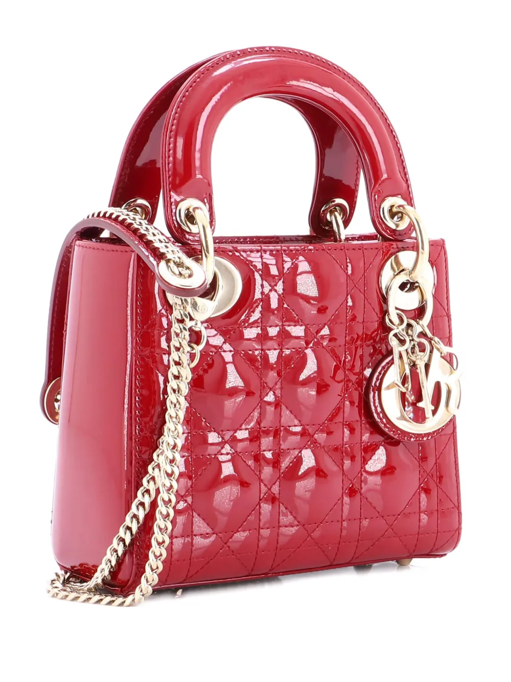 Pre-owned Dior Lady Chain Bag Cannage Quilt Patent Mini Satchel In Red