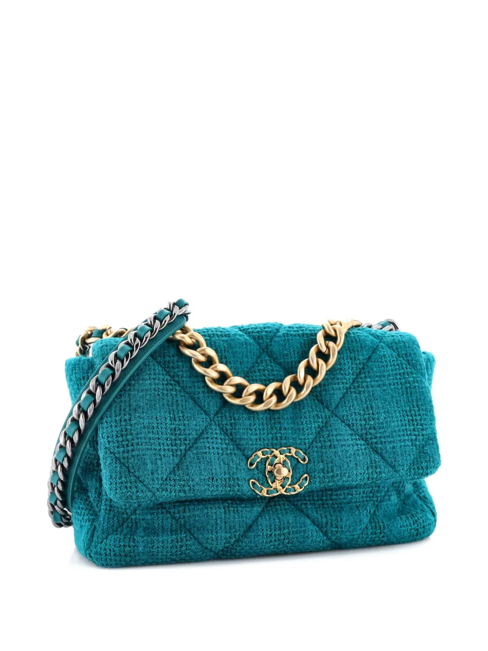 Pre-owned Chanel 19 Flap Bag Quilted Tweed Large Crossbody Bag In Blue
