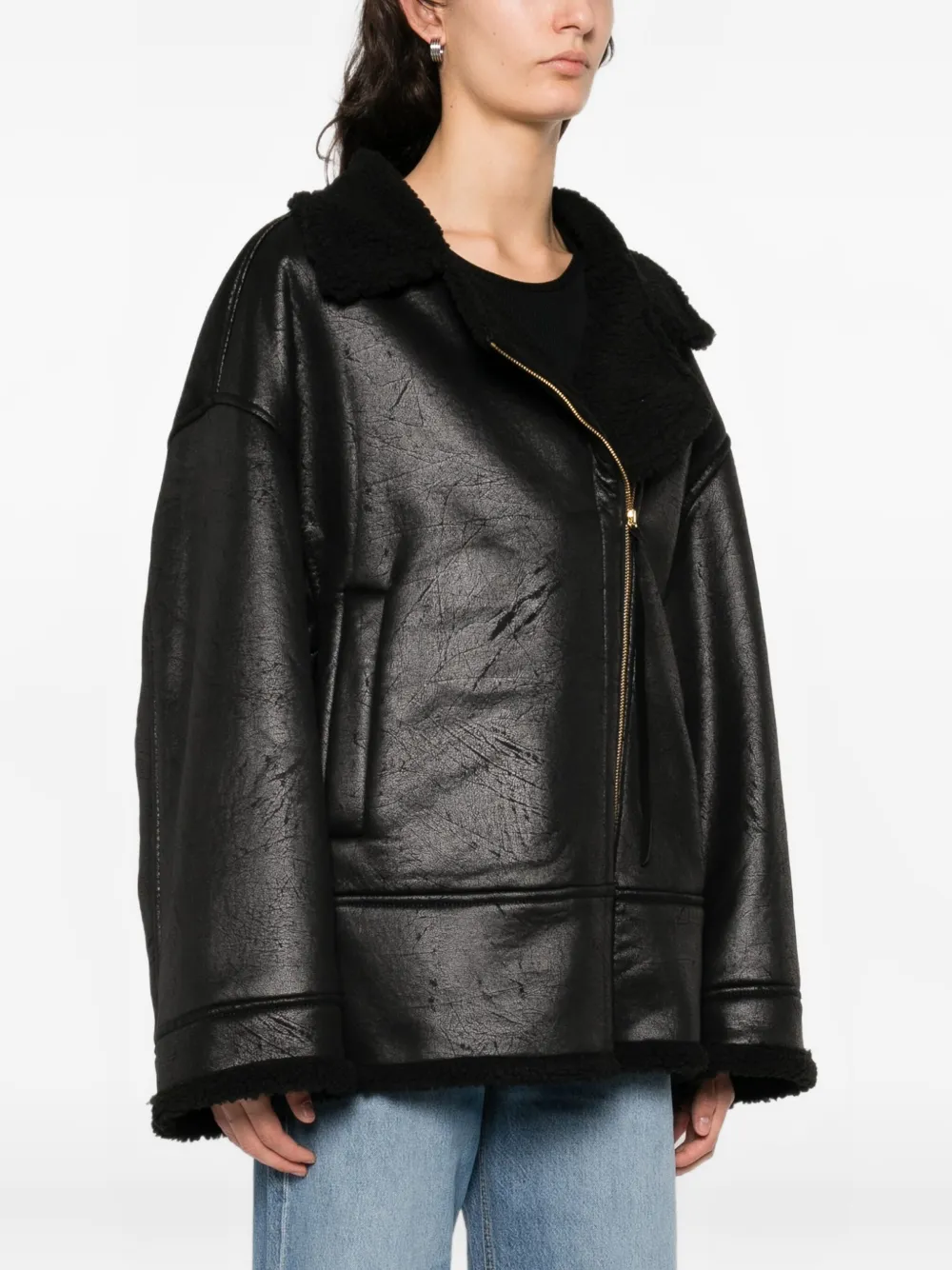 Nineminutes Eco-leather Oversized Sheepskin Jacket In Black