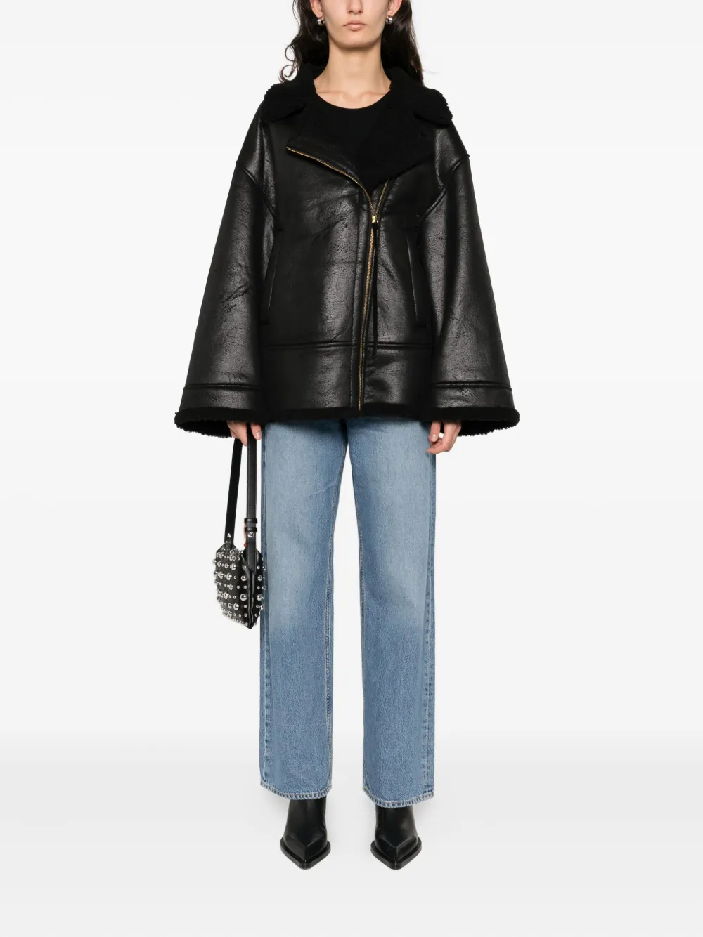 Nineminutes Eco-leather Oversized Sheepskin Jacket In Black