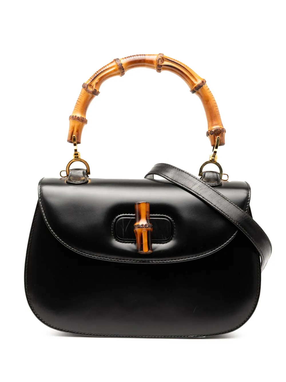 Pre-owned Gucci 20th Century Calfskin Bamboo Night Satchel In Black