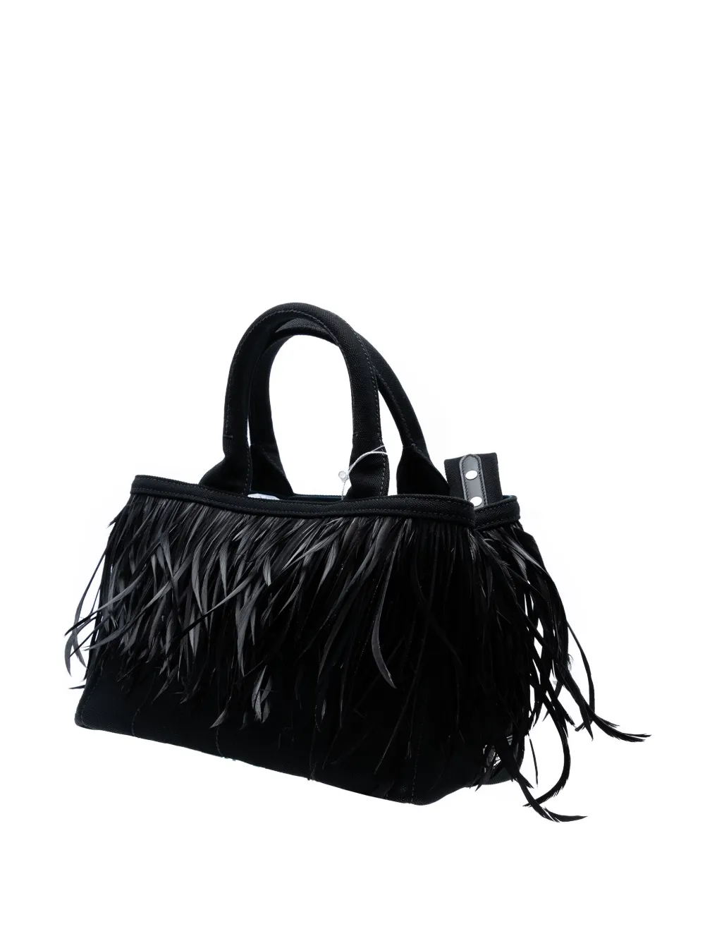 Pre-owned Prada 2000-2025 Small Feather Trimmed Canvas Canapa Satchel In Black
