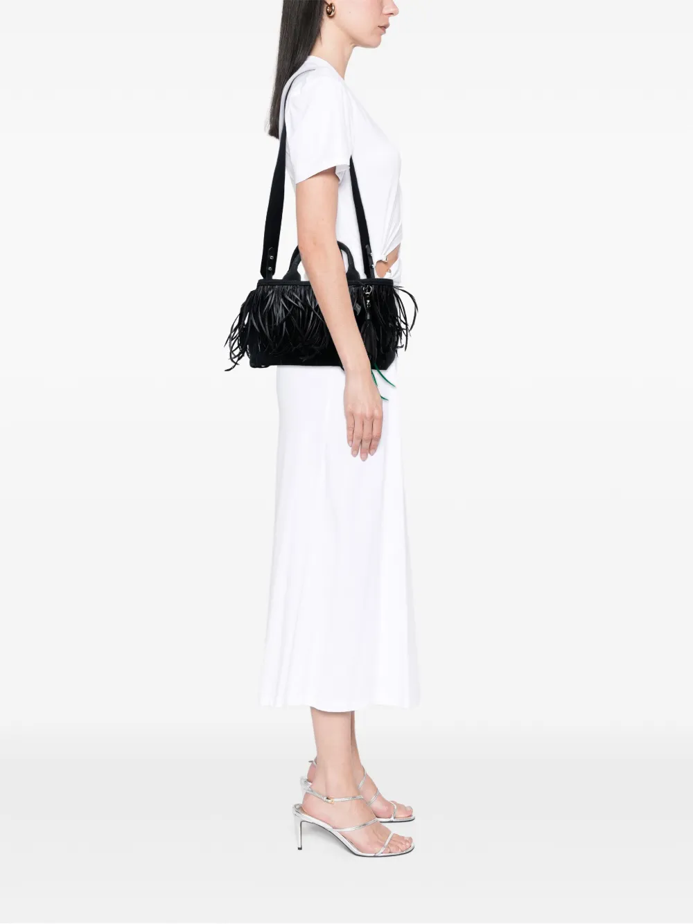 Pre-owned Prada 2000-2025 Small Feather Trimmed Canvas Canapa Satchel In Black