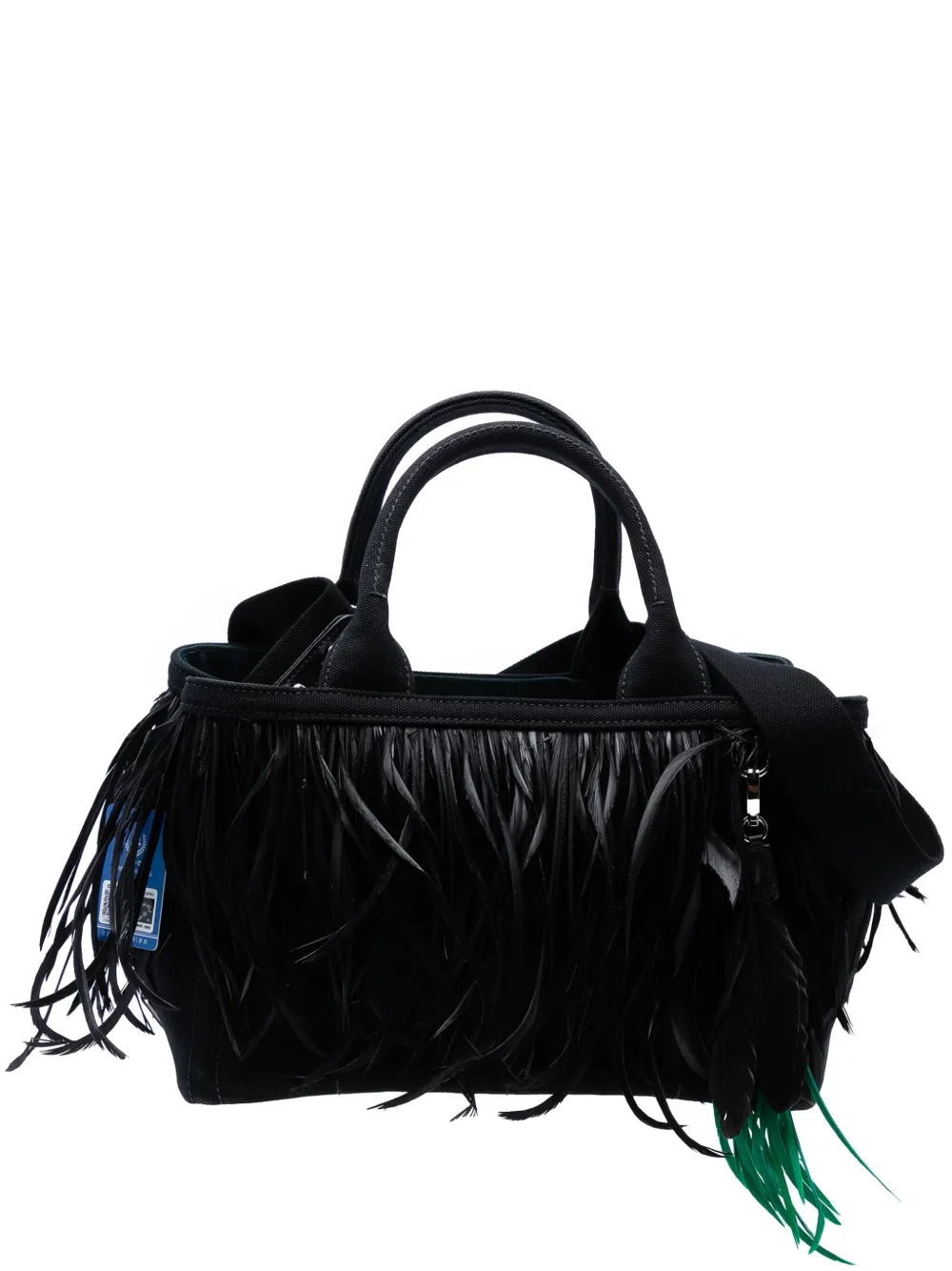 Pre-owned Prada 2000-2025 Small Feather Trimmed Canvas Canapa Satchel In Black